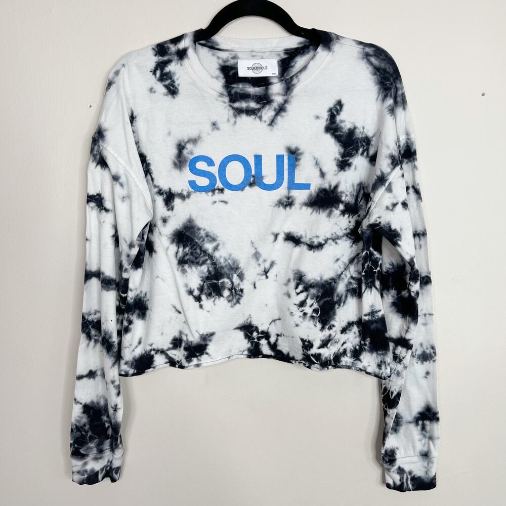 SoulCycle Tie Dye Cropped Long Sleeve Tee White Black Blue Womens Small Cotton